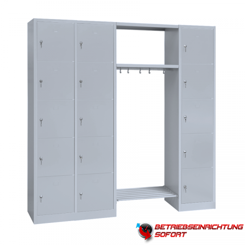 Stahl-Schließfach-Garderobe -15 Fächer stabile Stahlblechkonstruktion, rechts 5 Fächer, links 10 Fächer, 1 Mittelteil mit Kleiderstange 1000 mm breit