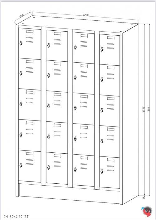 Stahl-Fächer-Schrank  4 Abteile, 5 Fächer übereinander, auf Sockel. Anzahl der Fächer: 20 Fächer ohne Inneneinteilung. Abteilbreite 300 mm - sofort lieferbar!