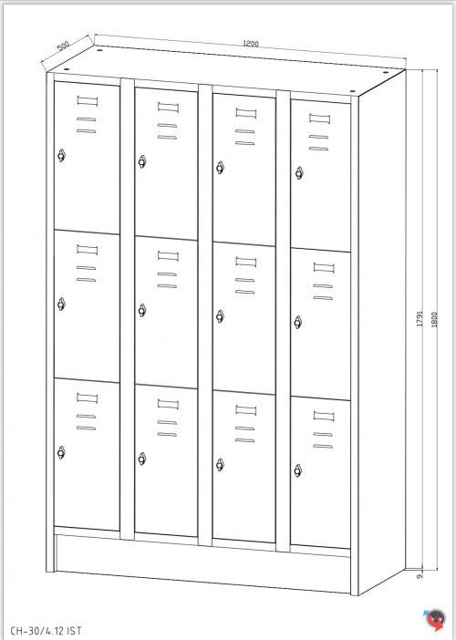 Stahl-Fächer-Schrank - 4 Abteile, 3 Fächer übereinander, auf Sockel. Anzahl der Fächer: 12, Fächer ohne Inneneinteilung. Abteilbreite 300 mm