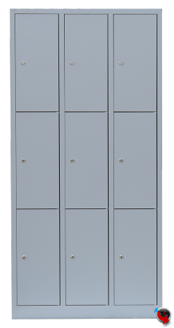 Stahl-Fächer-Schrank - Stahl-Fächer-Schrank, 3 Abteile, 3 Fächer übereinander, auf Sockel. Anzahl der Fächer: 9, Fächer ohne Inneneinteilung. Abteilbreite 300 mm