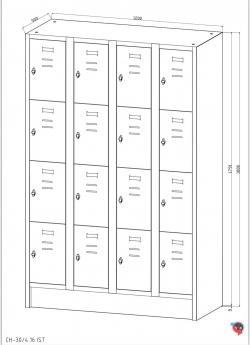 Stahl-Fächer-Schrank - 4 Abteile, 4 Fächer übereinander, auf Sockel. Anzahl der Fächer: 16 Fächer ohne Inneneinteilung. Abteilbreite 300 mm - sofort lieferbar!