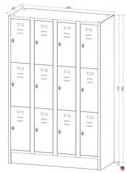 Stahl-Fächer-Schrank - 4 Abteile, 3 Fächer übereinander, auf Sockel. Anzahl der Fächer: 12, Fächer ohne Inneneinteilung. Abteilbreite 300 mm.